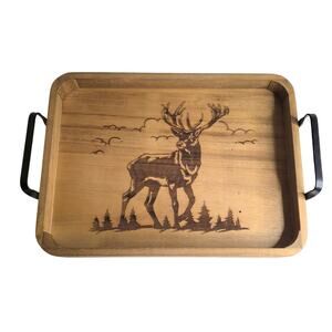 Bass Pro Shops Wooden Tray w/Deer Design Metal Handles 15 1/2"x11 1/2"